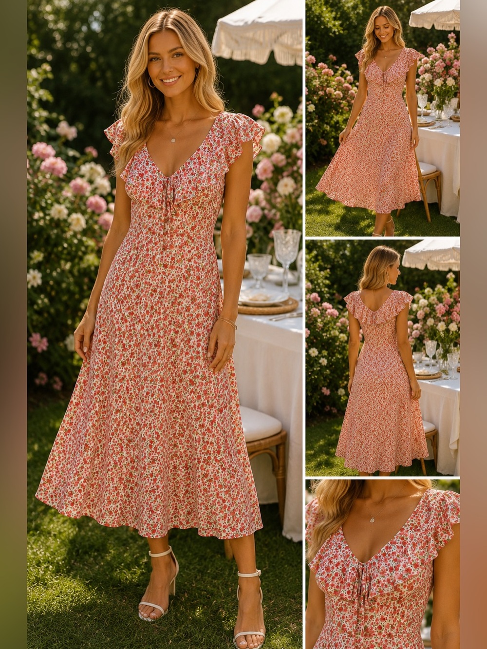 Old Navy Garden Floral Midi Dress XS Red Pink Ruffle Cottagecore Boho Party